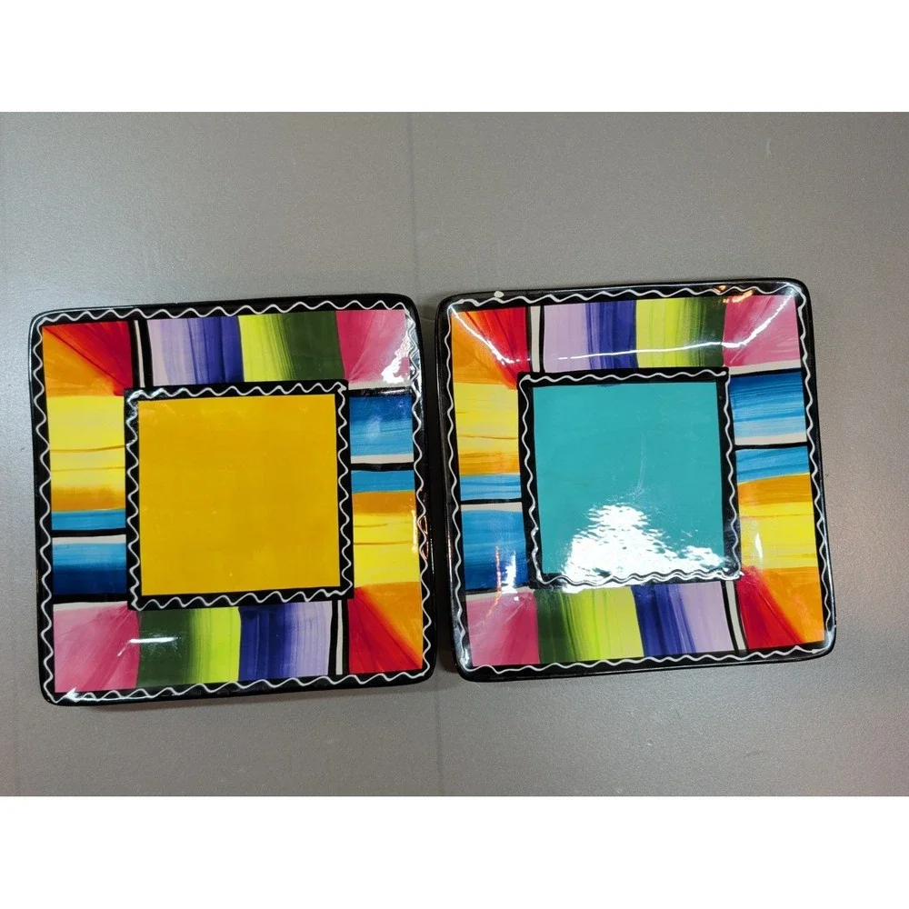 Certified International Nancy Green Square Plates Set of 2 Multi-Color Striped